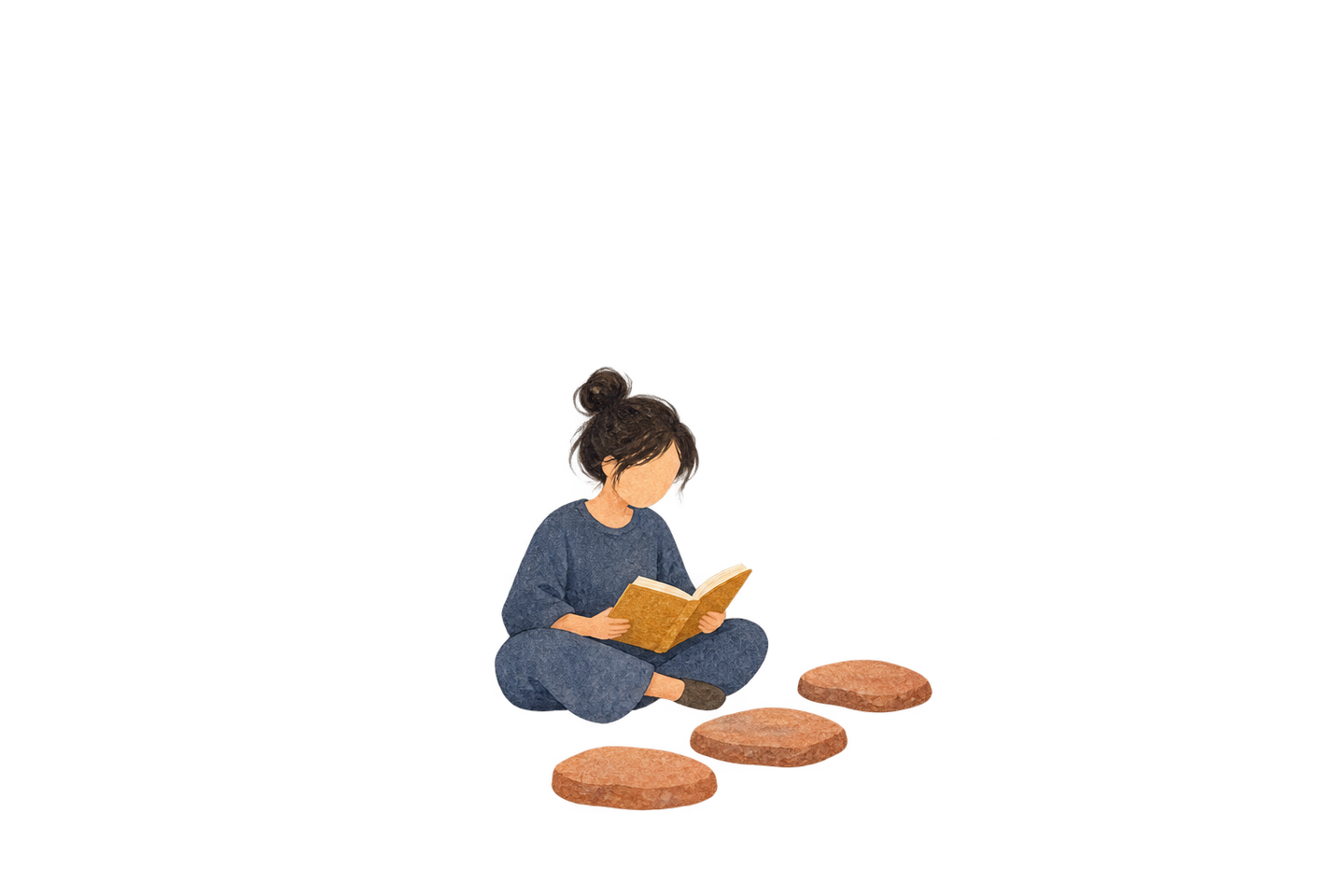 A seated reader considers an open book beside three stepping stones.