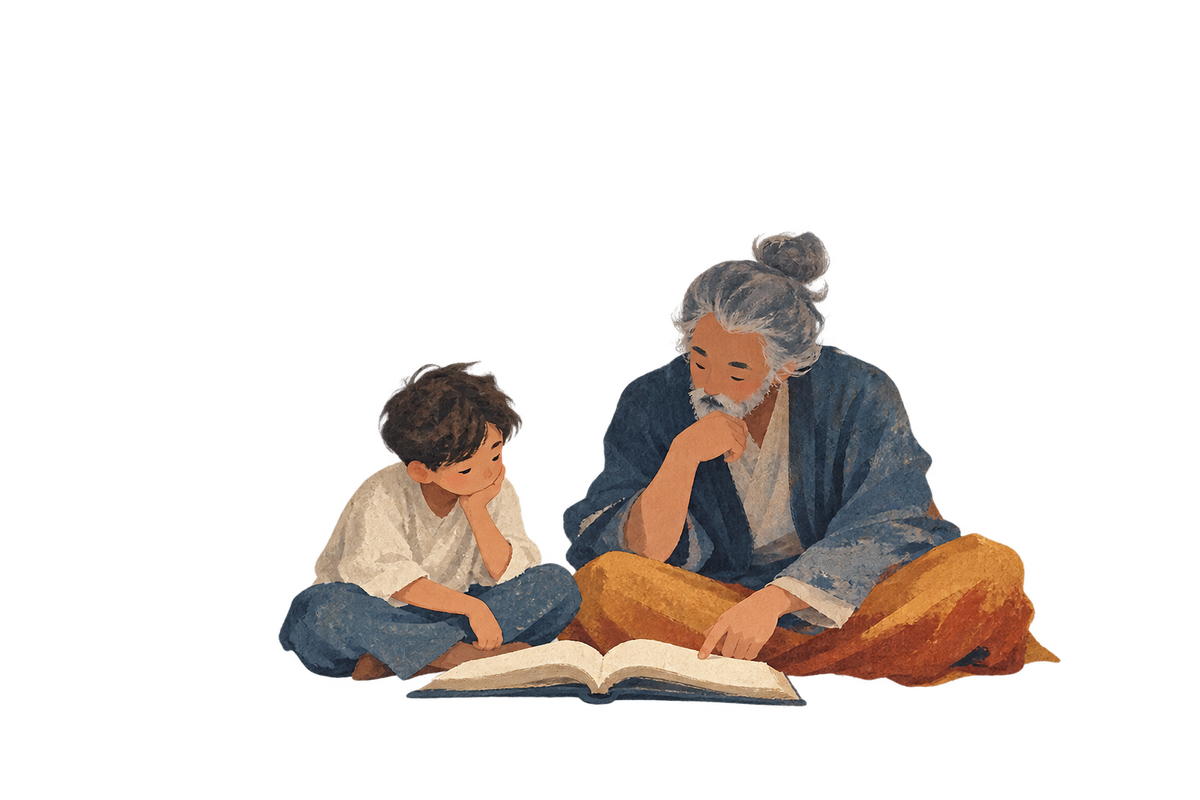A contemporary learner and older teacher consider an open book together.