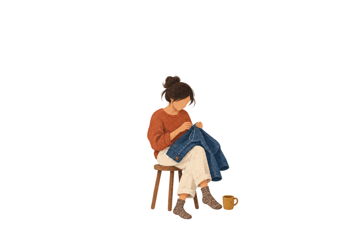 A person repairs a loose seam in a jacket beside a plain mug.
