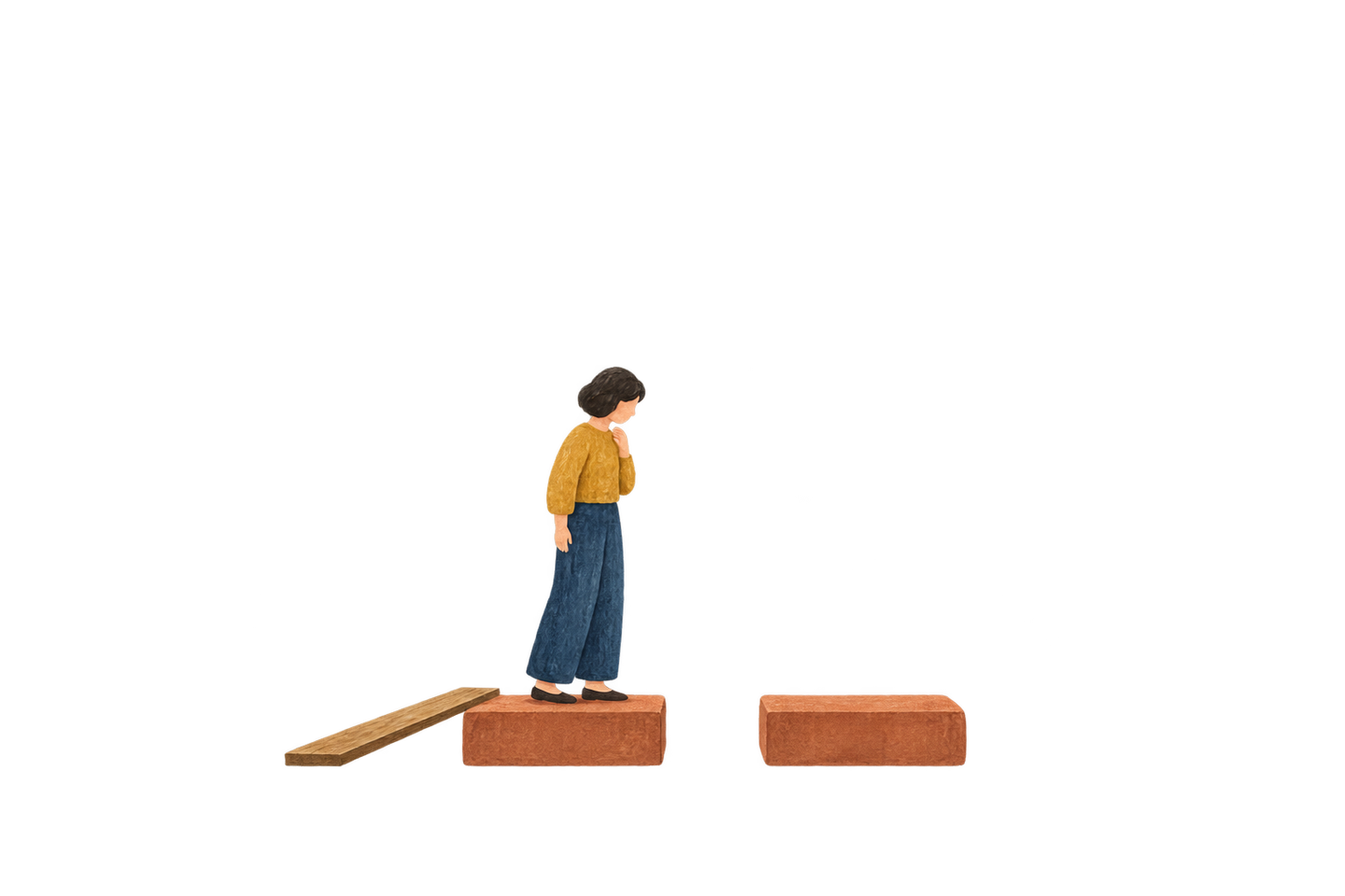 A person considers the gap between two low stepping blocks, with a plank nearby.