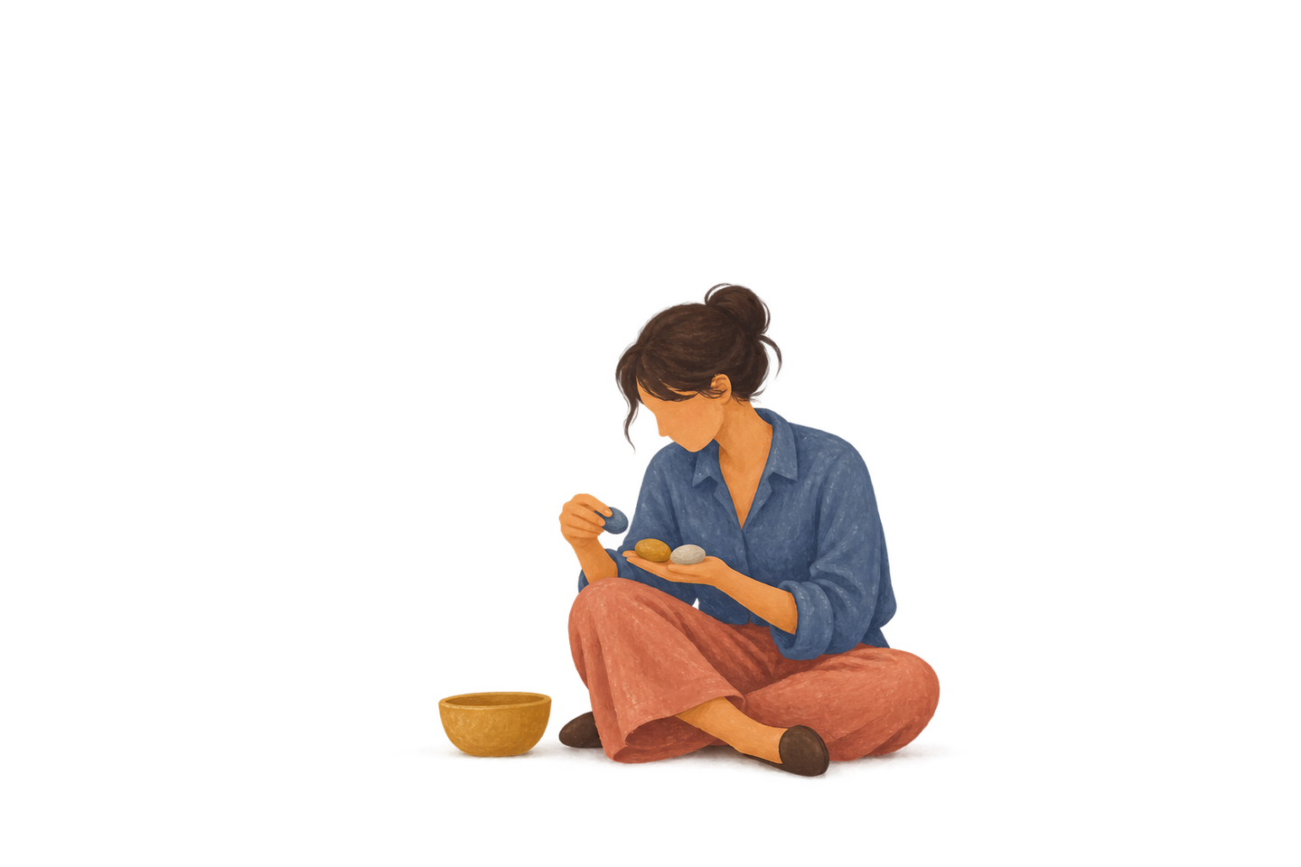 A person examines three small pebbles on their palm beside a bowl.