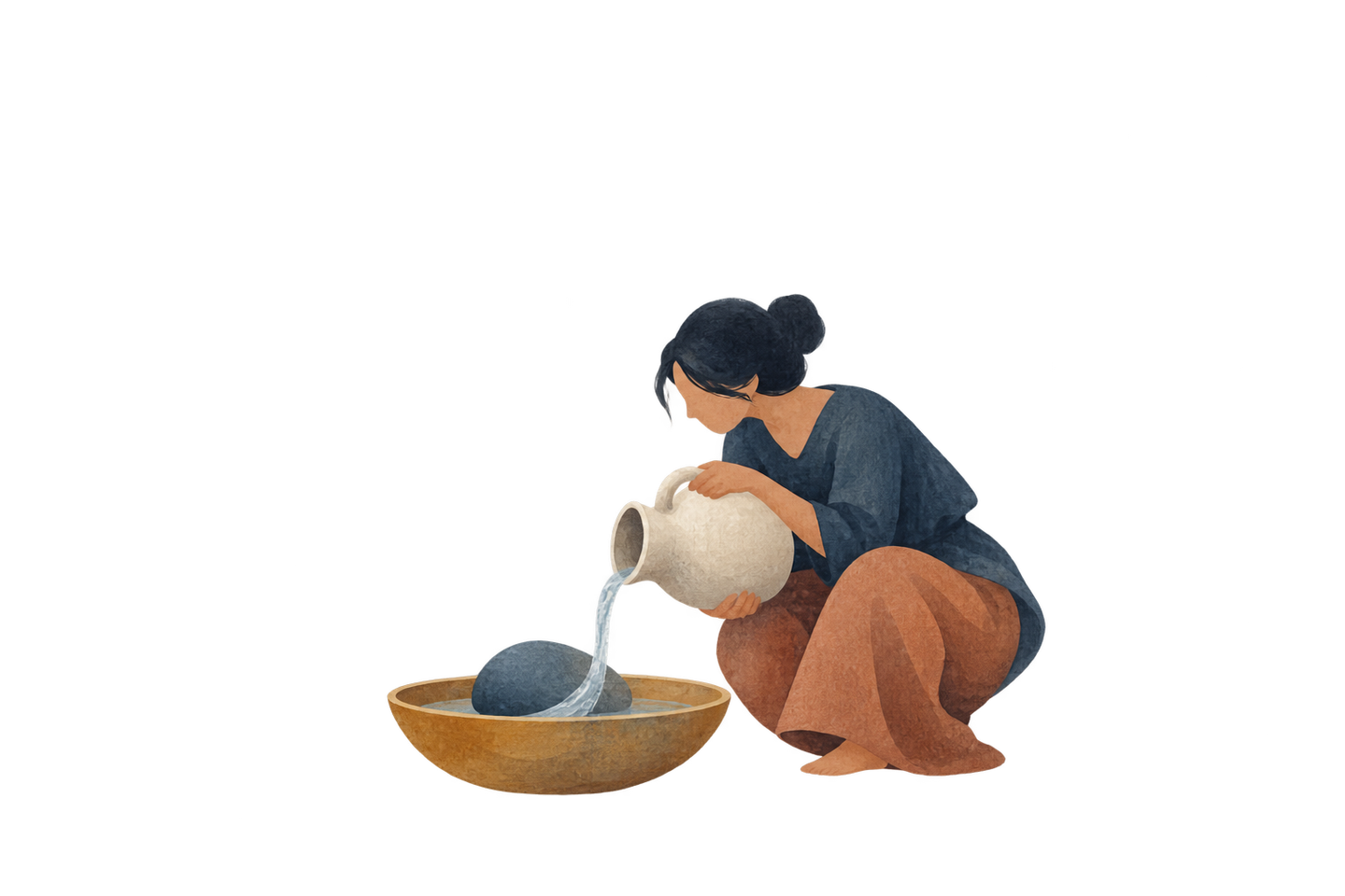 A contemporary person pours water around a pebble into a shallow bowl.