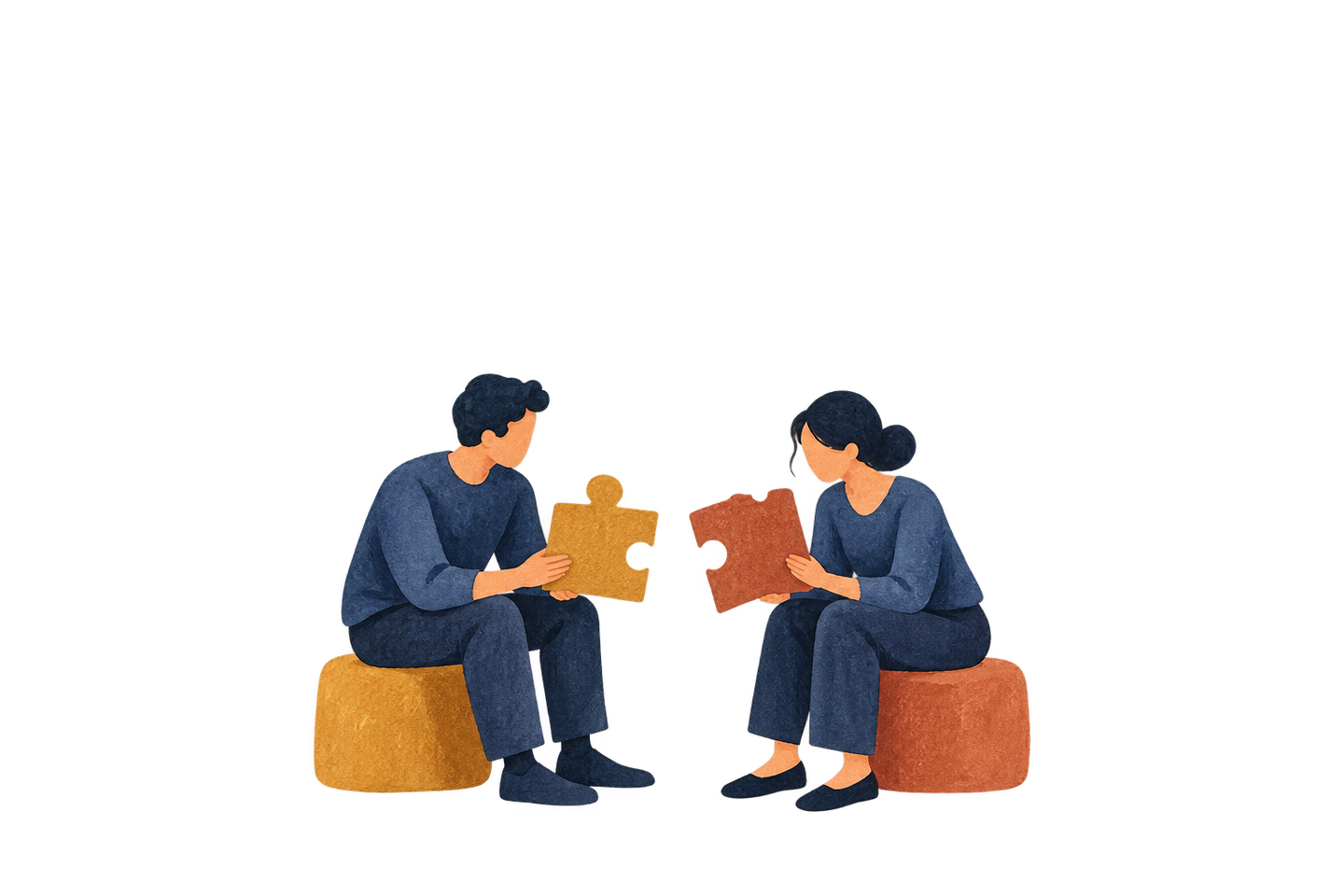 Two people consider differently shaped pieces while seated opposite each other.