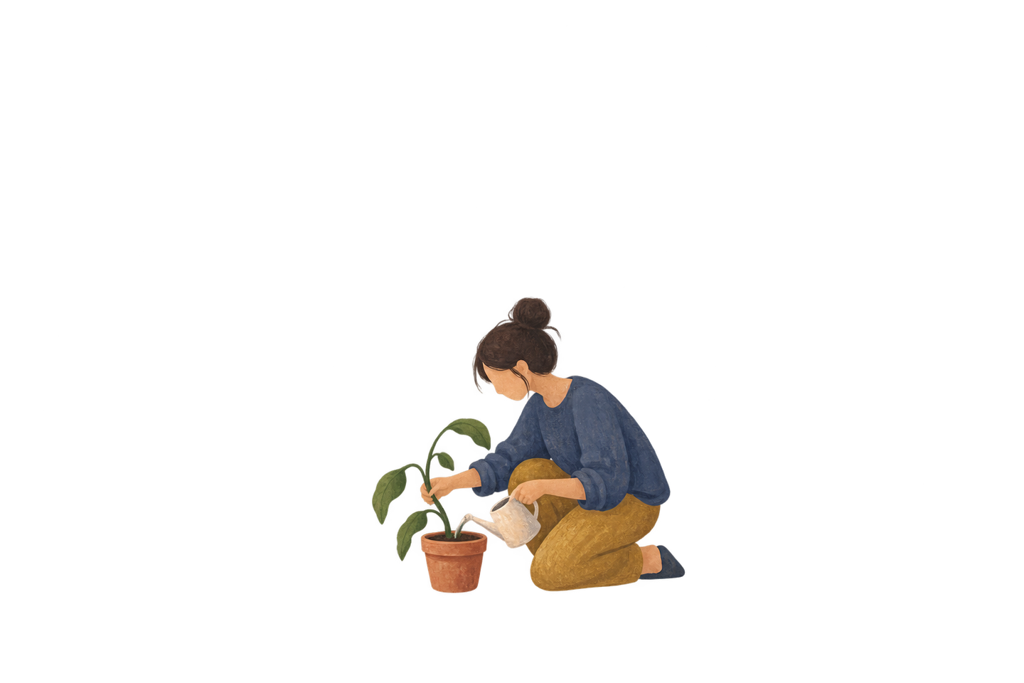 A contemporary person tends a small bent plant with a watering jug.