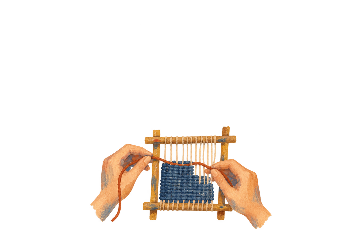 Two hands guide one terracotta thread through a small indigo woven patch.