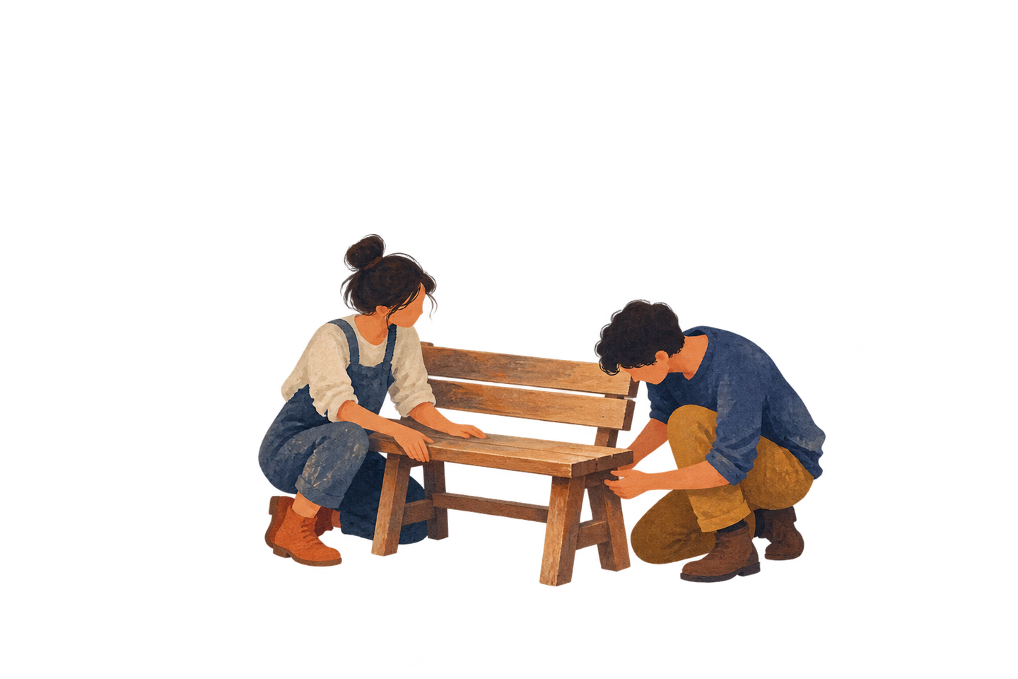 Two contemporary friends work together to repair a simple bench.