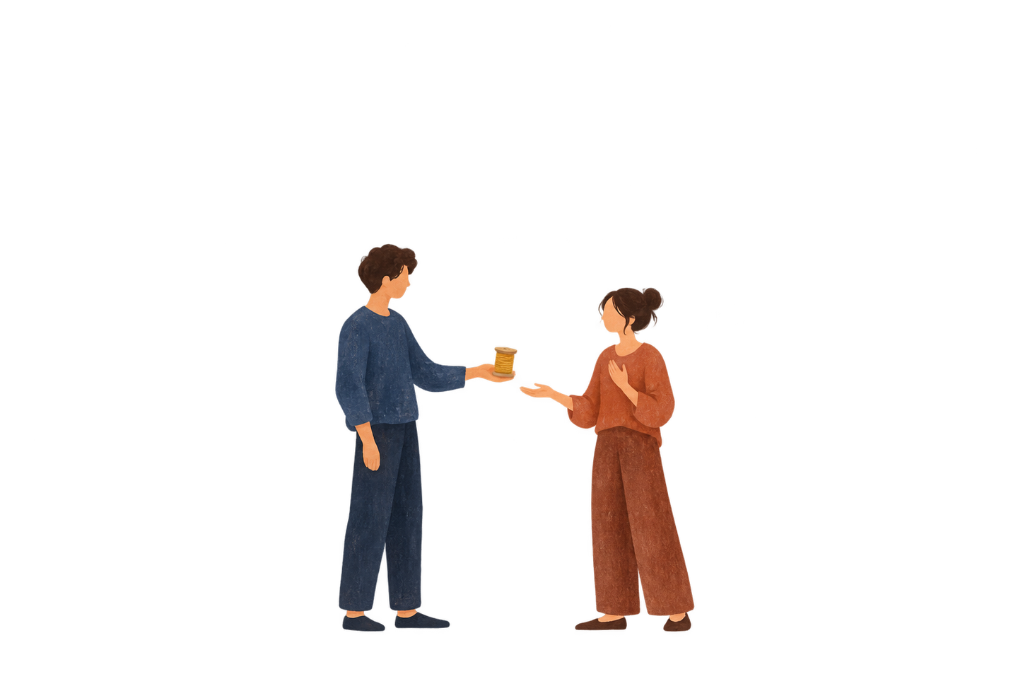 Two contemporary people share a small spool of ochre thread.