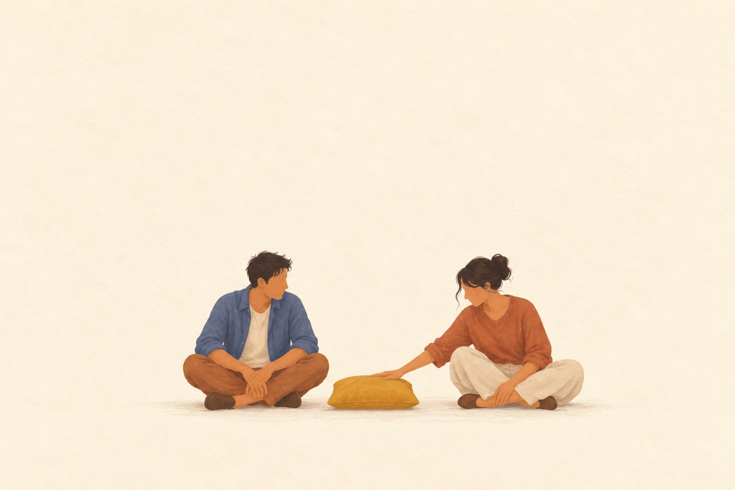 Two people sit apart as one places a cushion in the space between them.