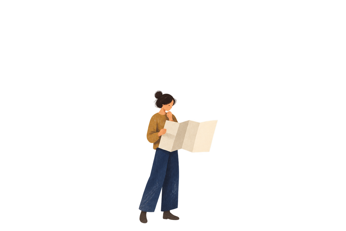 A contemporary reader examines a folded map with an unfinished portion.