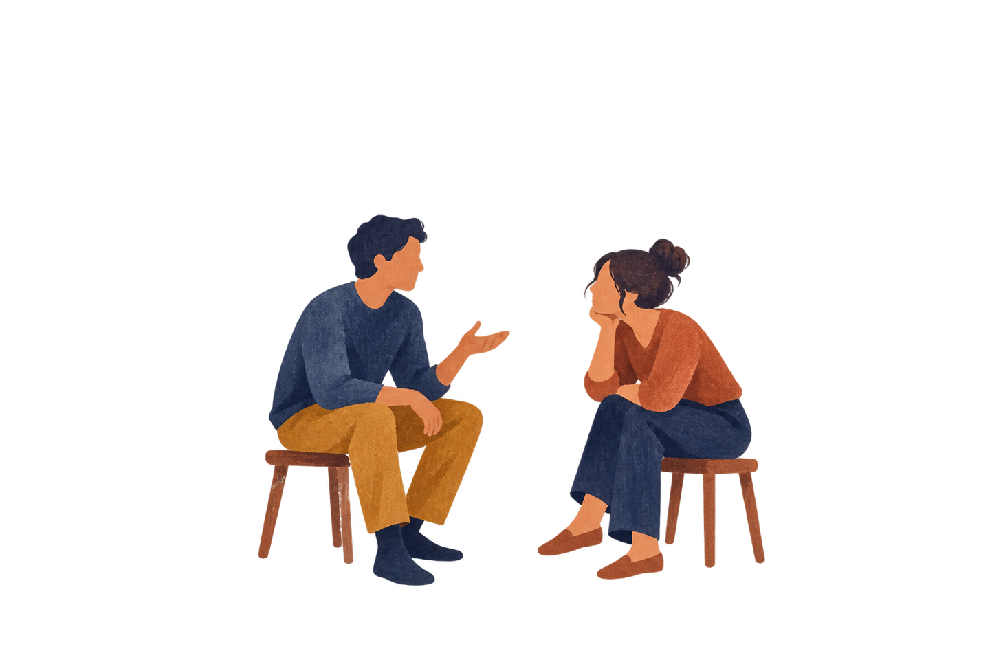 Two contemporary people sit facing each other, one speaking and the other listening.