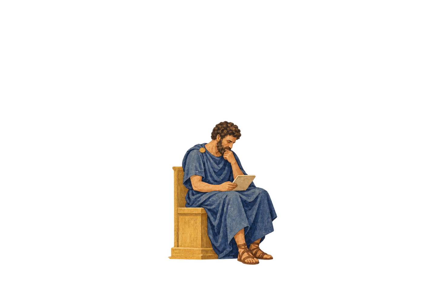 A seated figure in a simple tunic looks down at a blank writing tablet.