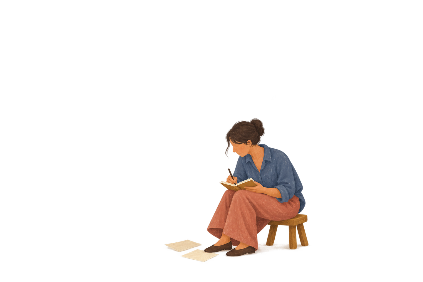 A contemporary reader writes in a notebook beside two loose pages.