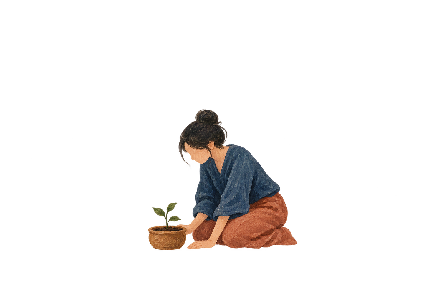 A contemporary person kneels beside a small potted seedling without pulling it.