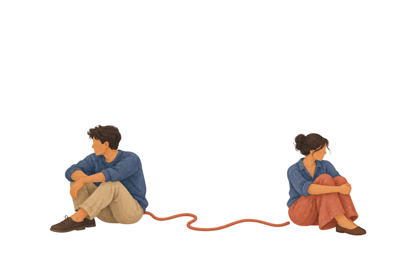 Two people sit apart beside a slack cord that neither is pulling.
