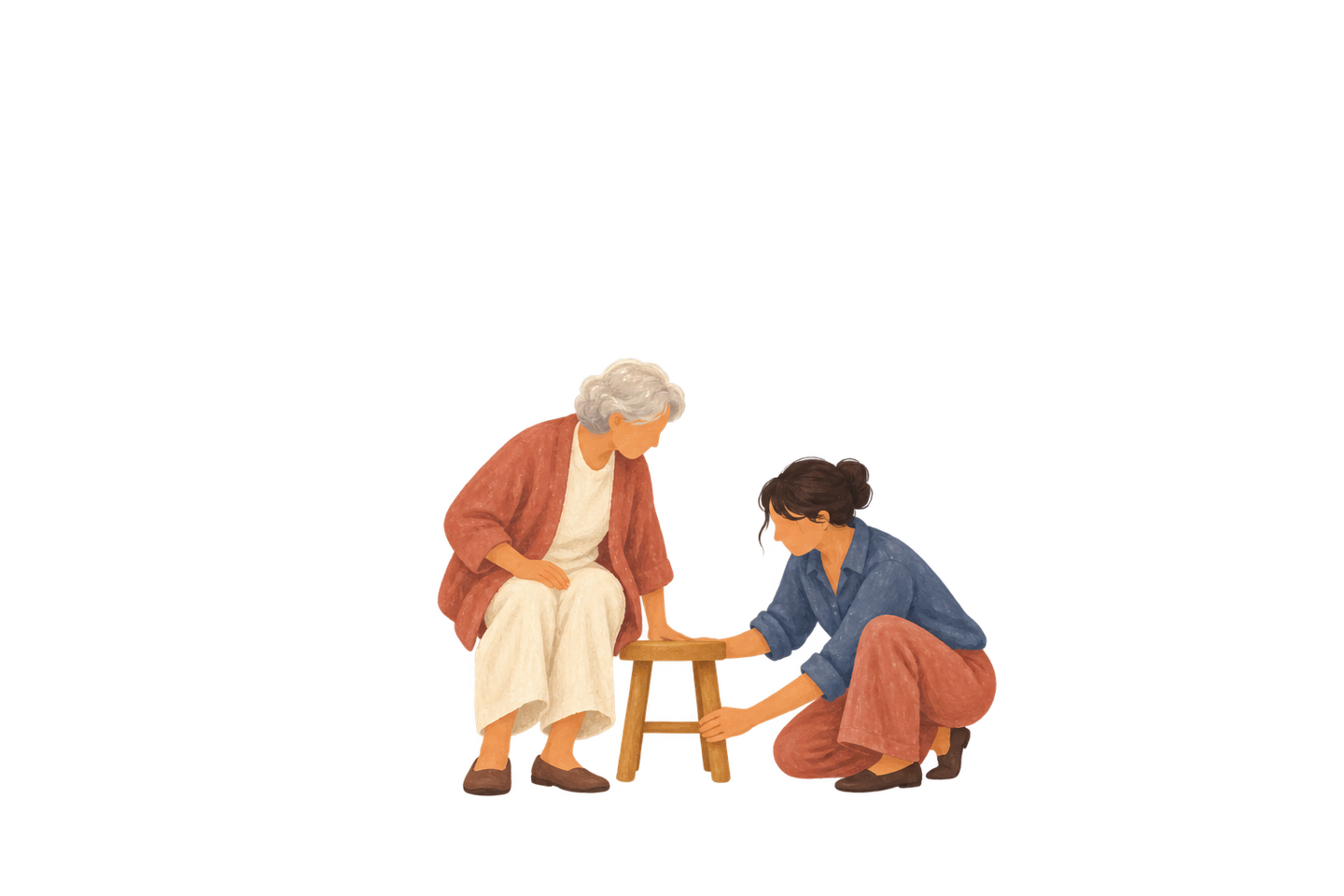 One person attends to a small stool beside another person, making space to sit.