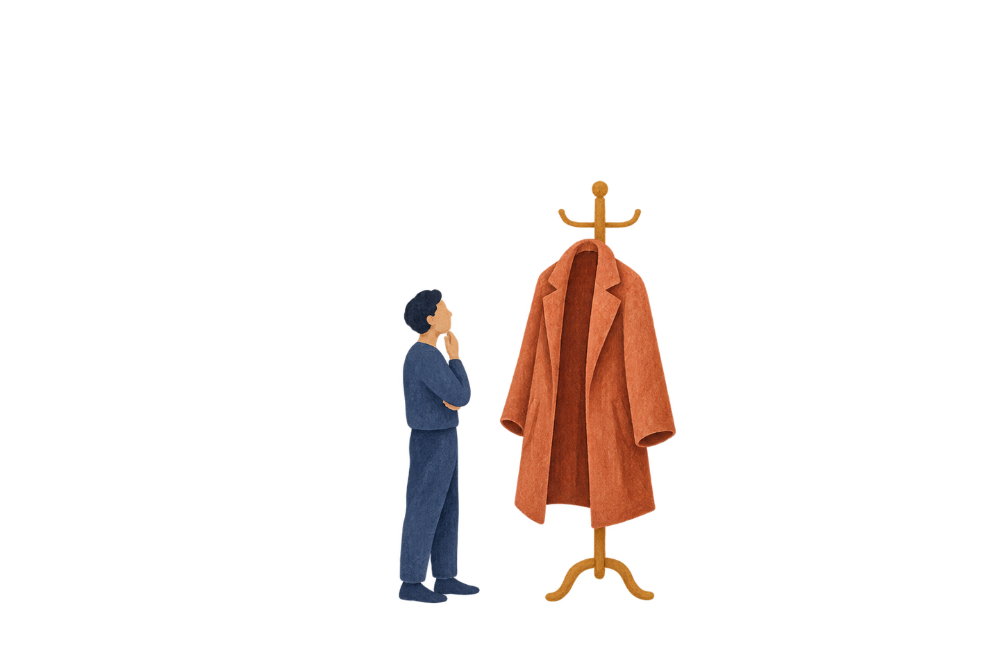 A person in plain clothes stands beside an oversized coat on a stand.