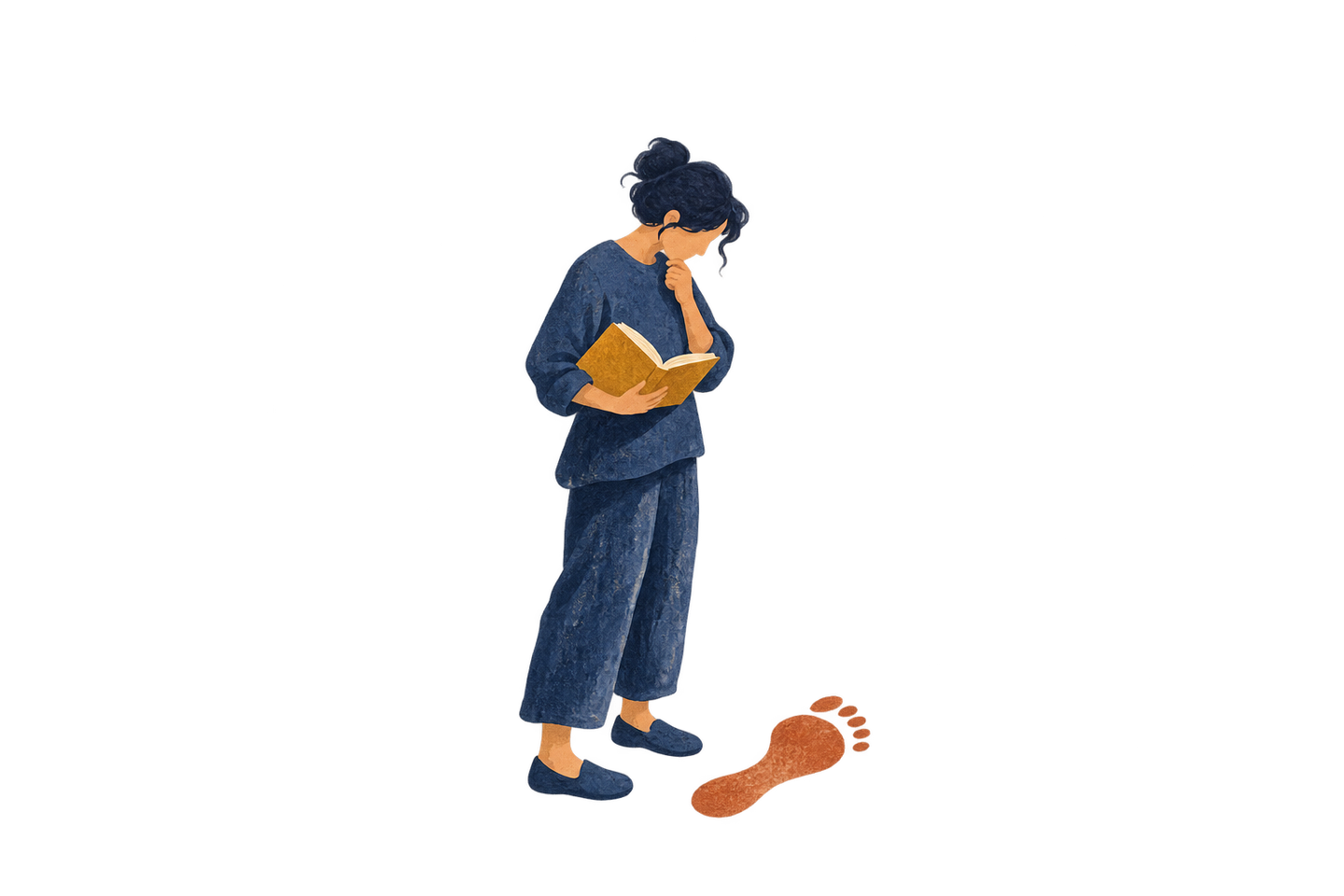 A reader holds a notebook and examines a footprint beside their shoes.