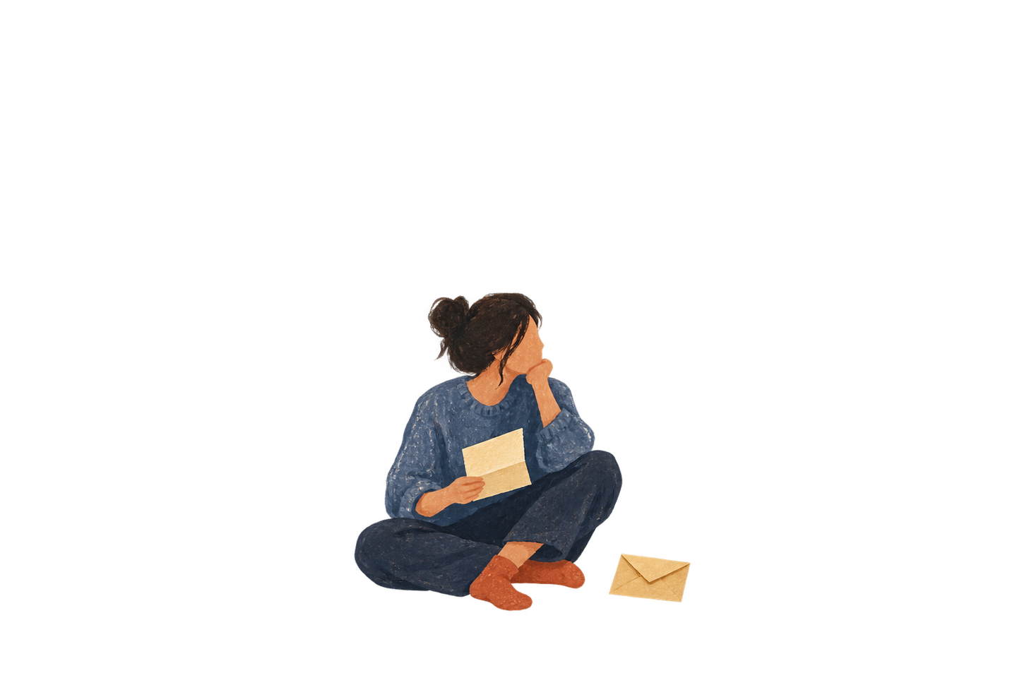 A person pauses while holding a blank folded note beside a closed envelope.