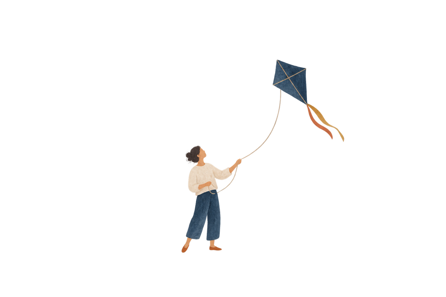 A person holds a kite on a gently curved string.