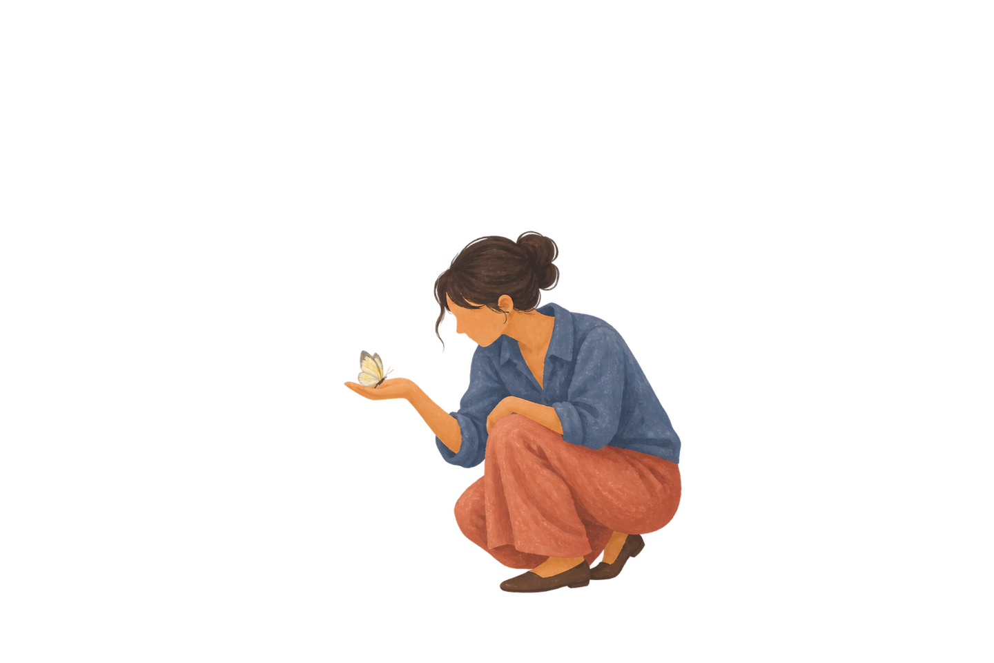 A contemporary person studies a butterfly resting on an open hand.